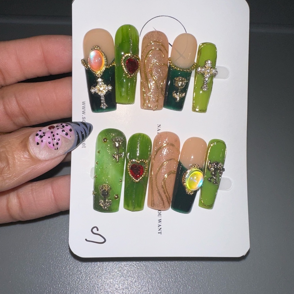 Green and Nude Embellished Press-On Nails